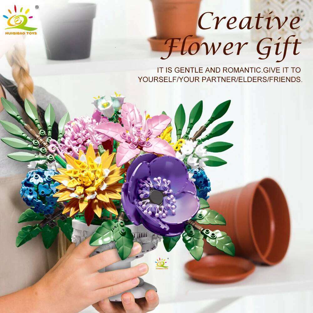 HUIQIBAO 1081+PCS MOC Flower Bouquet Model Building Block Potted Series Brick Construction Toy For Children Desk Home Decoration Z260306