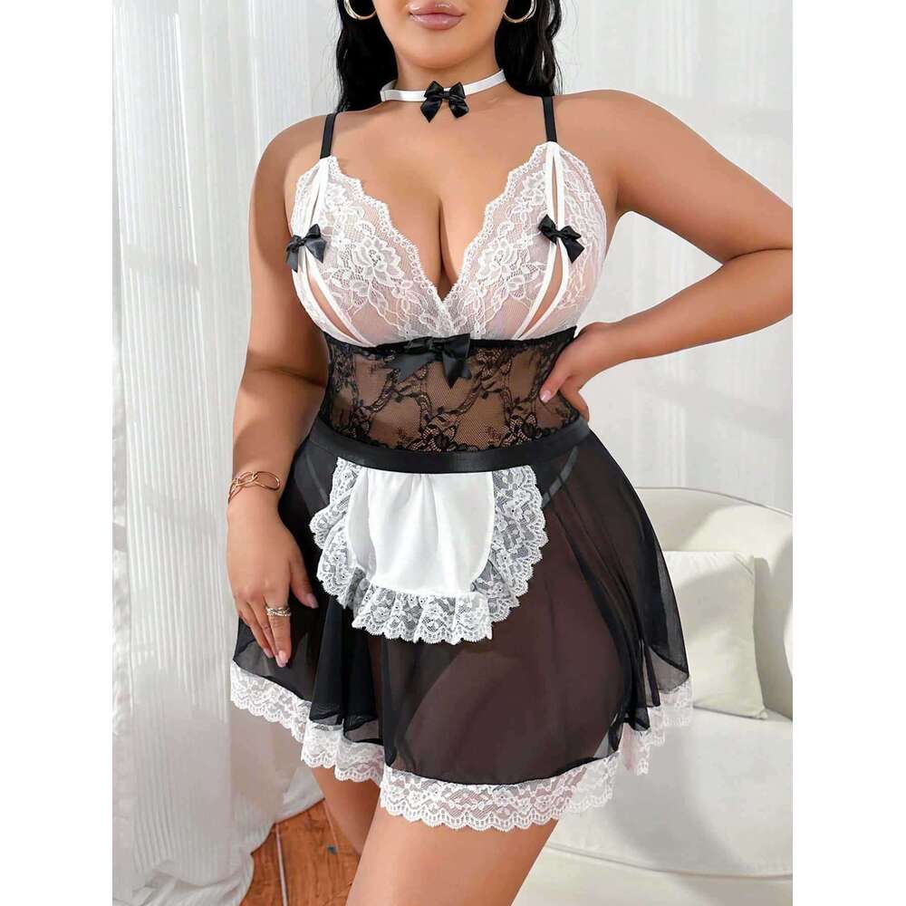 Women Black & White Lace Maid Costume with Deep V-Neck & Bow Details Sexy, Elegant & Perfect for Role Play, Party or Photo Shoot