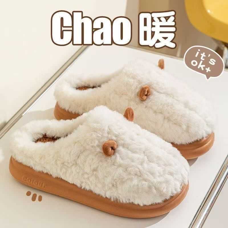 2025 new small-ear cotton slippers for men and women fashionable couples thick-soled plush warm winter furry slippers S260305