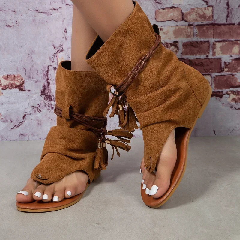 Women Summer Boots Open Toe Flat Tassel Sandals Roman Sandal Elegant Shoes Plus Size 35-43 Sandalias Mujer 260305