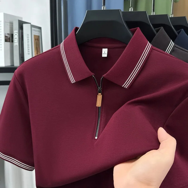100 Cotton Mens Premium Zip-Up Polo Shirt 7A Antibacterial Quick-Dry Business Casual 260304