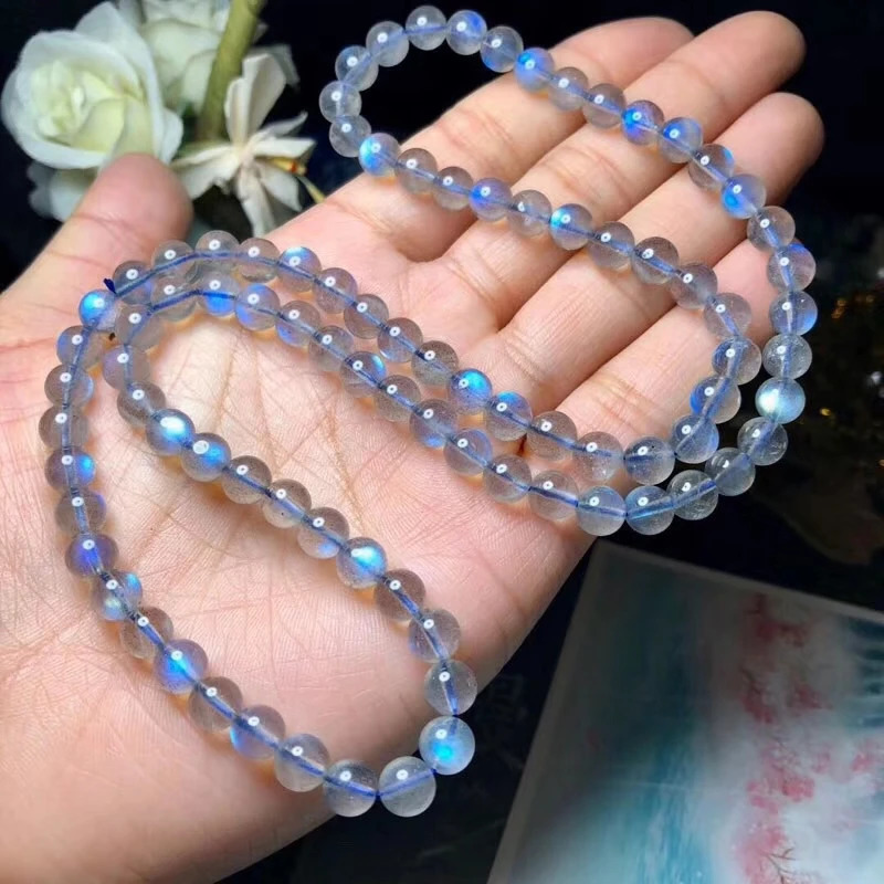 Natural Labradorite Blue Light 3 Laps Bracelet 6mm Women Men Clear Round Beads Necklace Grey Moonstone Stone AAAAA 260302