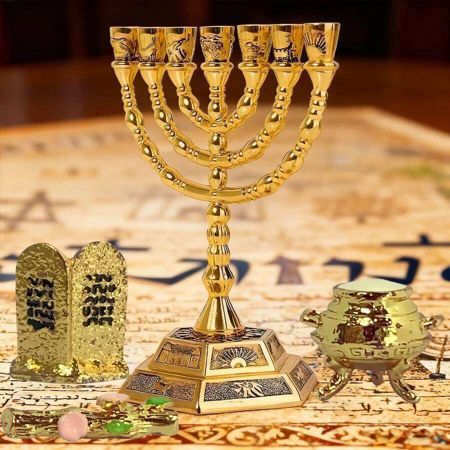 Jewish Religious Decor Set - 7-Branch Menorah, Torah Tablets, Golden Calf, Aarons Rod Replica for Hanukkah & Synagogue XJ260305