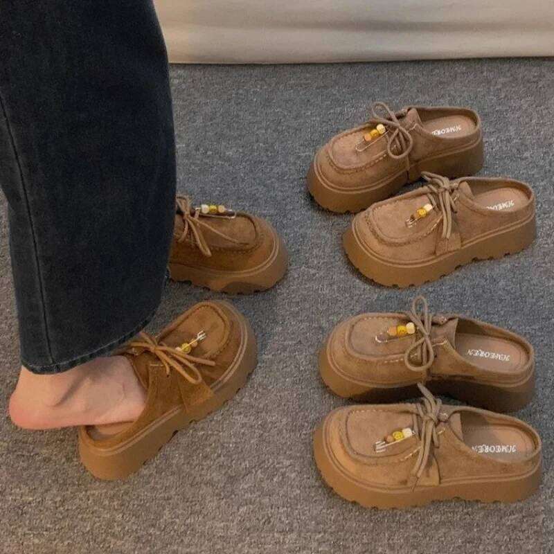 2025 Women's Suede Platform Mules - Cute Smiley Pin Decor Lace-up Loafers Thick Sole Fashion Casual Slip-on Shoes