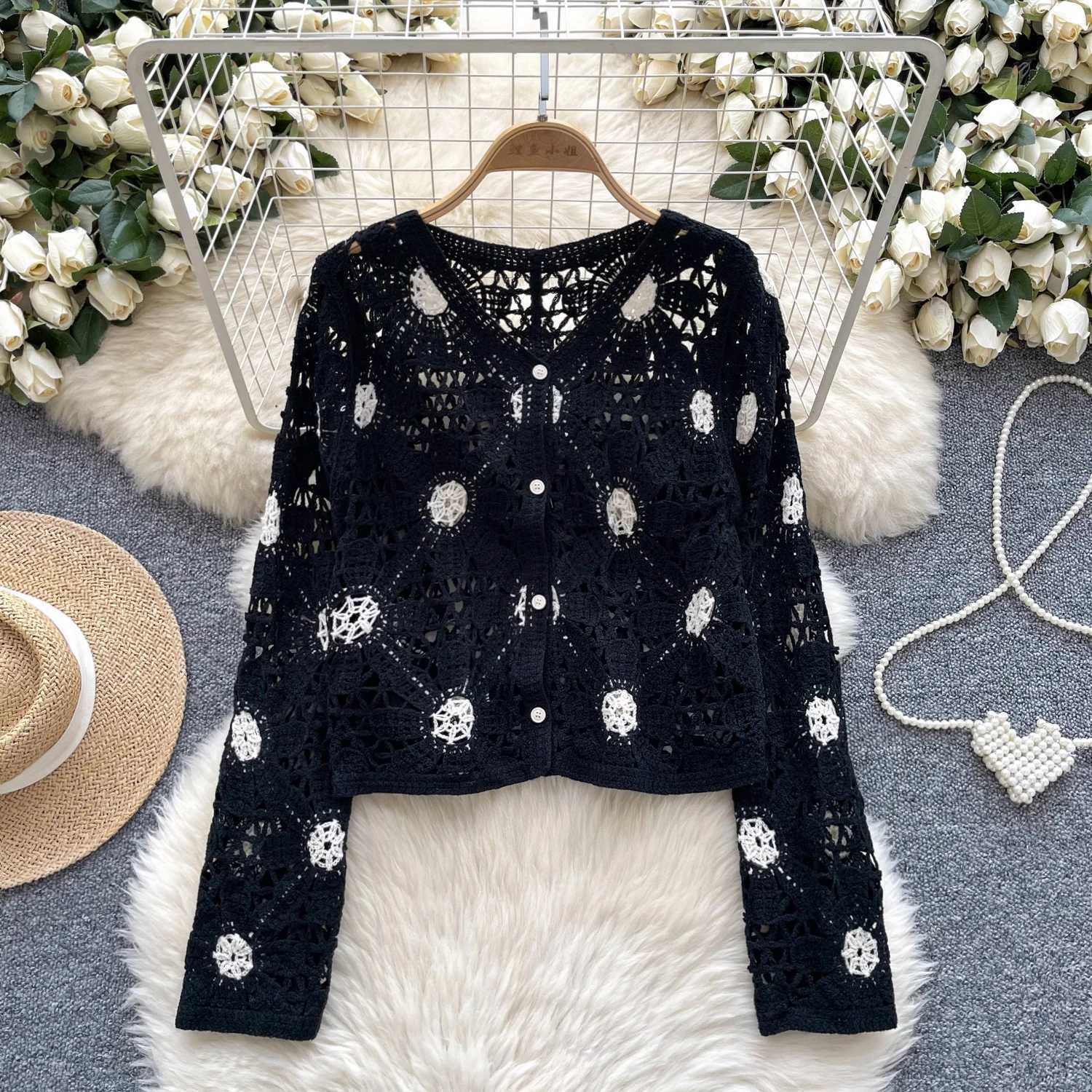 Crochet Top Women Long Sleeve Floral OpenStitch Knit Cardigan Embroidered Button Up Blouse Boho Resort Wear Spring Summer 2026 M260306