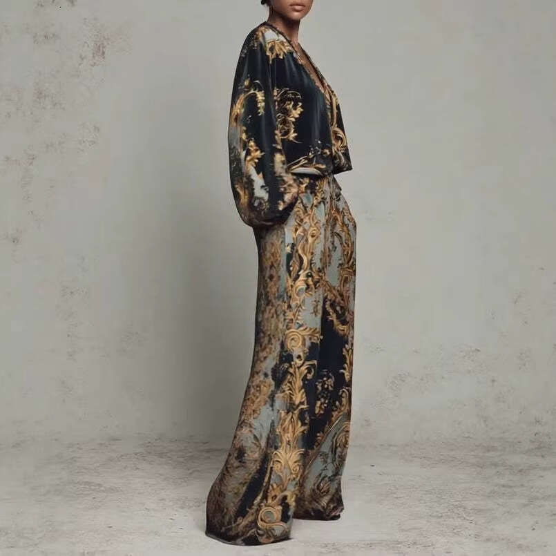 Women Early Spring Retro V Neck Korean Velvet Printed Two Piece Suit Elegant Holiday Vacation Outfit Fashion Casual Ladies Matching Set