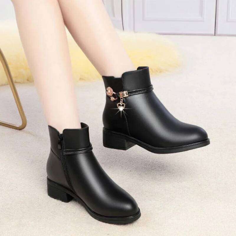 2025 Winter Soft Furry Short Boots for Women - Chunky Heel Warm Cotton Shoes, Flat Black Leather Mom Shoes