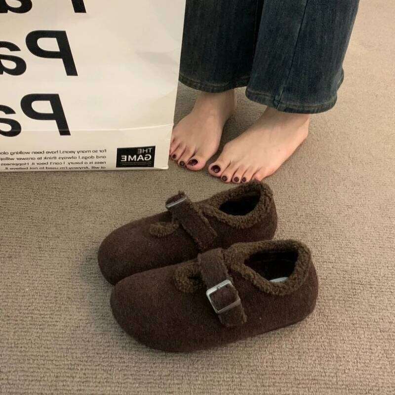 2025 Winter New Women's Retro Buckle Warm Flats Loafers Fuzzy Comfort Casual Shoes
