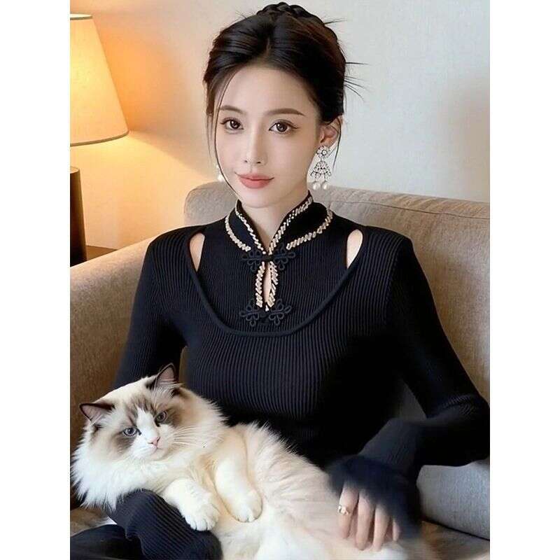New Chinese-Style Buttoned Stand-Collar Knitted Sweater For Women, 2025 Autumn And Winter New Model, Elaborate Hollow-Out Long-Sleeve Base Top Asia Si