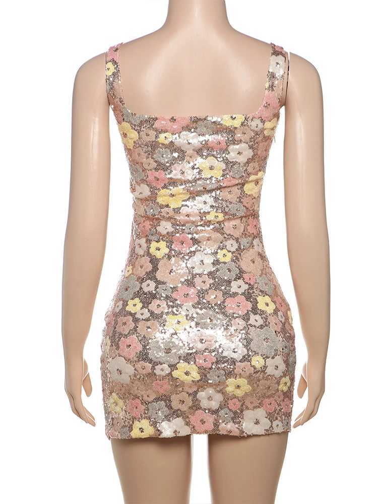 Weird Puss Colorful Flower Print Mini Dress Women Sequins Patchwork Skinny Backless Sleeveless Vacation Trend Elegant Outfits X260306