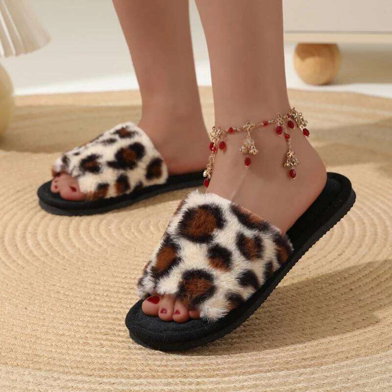 Warm Fluffy Furry Slippers Women Lightweight Flat Heels Fur Slides Woman Autumn Winter Open Toe Non Slip Home Floor Shoes