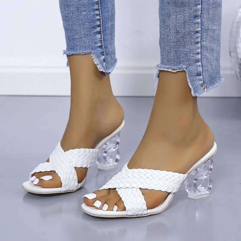 Transparent Strange High Heels Sandals Women Summer 2021 Plus Size Weave Female Slippers Fashion Yellow Open Toe Slides