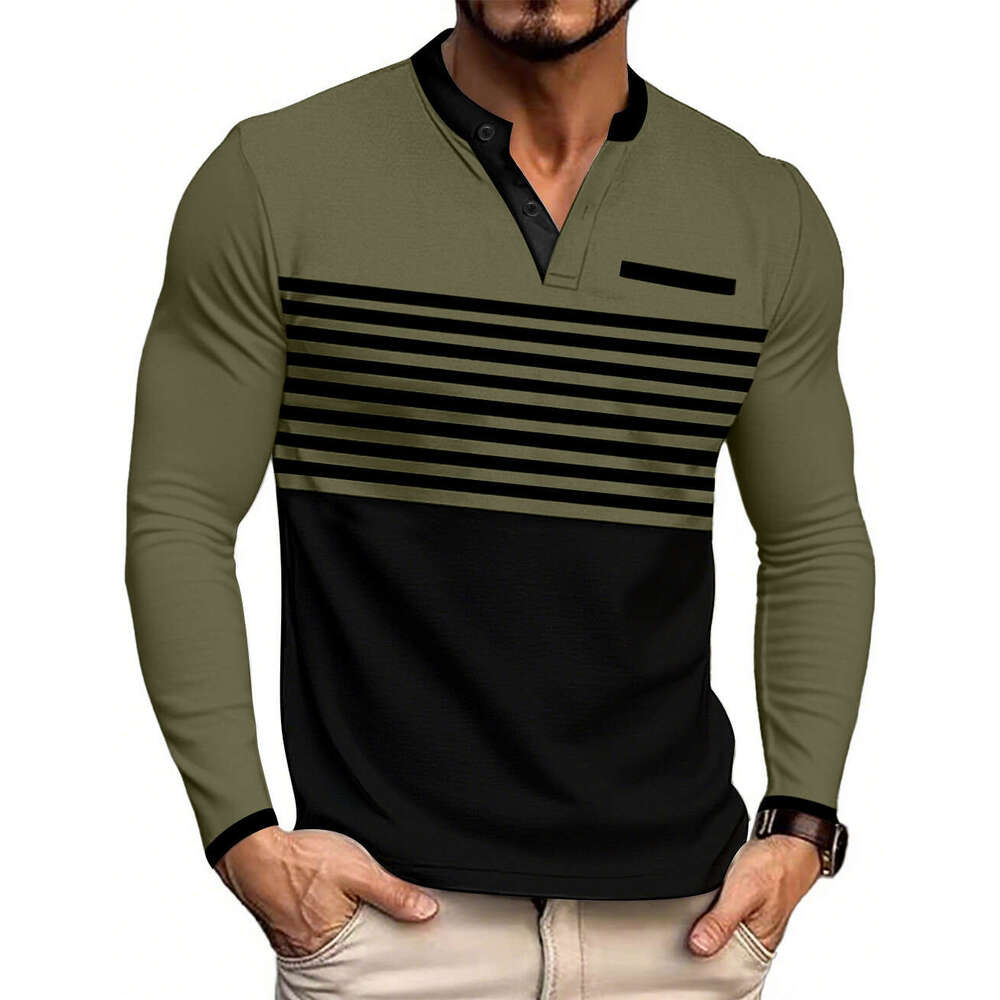 2026 Cross-Border Foreign Trade European and American Summer New Men's Long-Sleeve V-Neck Contrast Color Striped Slim Fit Business Casual T-Shirt