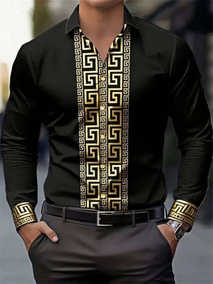 Men's Long-Sleeved Shirt With Pattern Design, Fashionable Lapel Button-Down Top, Versatile, Casual And Comfortable Men's Top