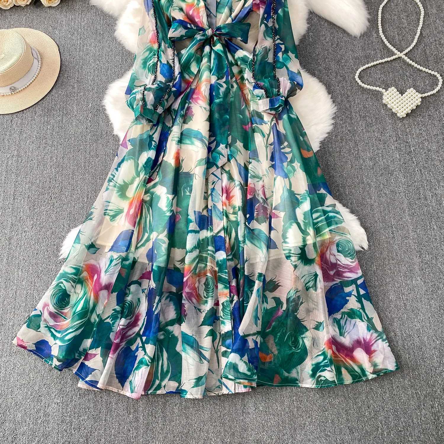 French Style Light Luxury Diamonds Dress Turn-down Collr Long Sleeve Single Breasted Big Swing Robe Vacation Print Vestidos X260306