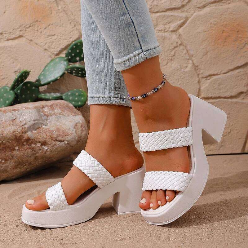 2026 Summer New Solid Color Simple High Sandals Fashion Open Toe Thick Slippers Casual Coarse Heel Women's Shoes