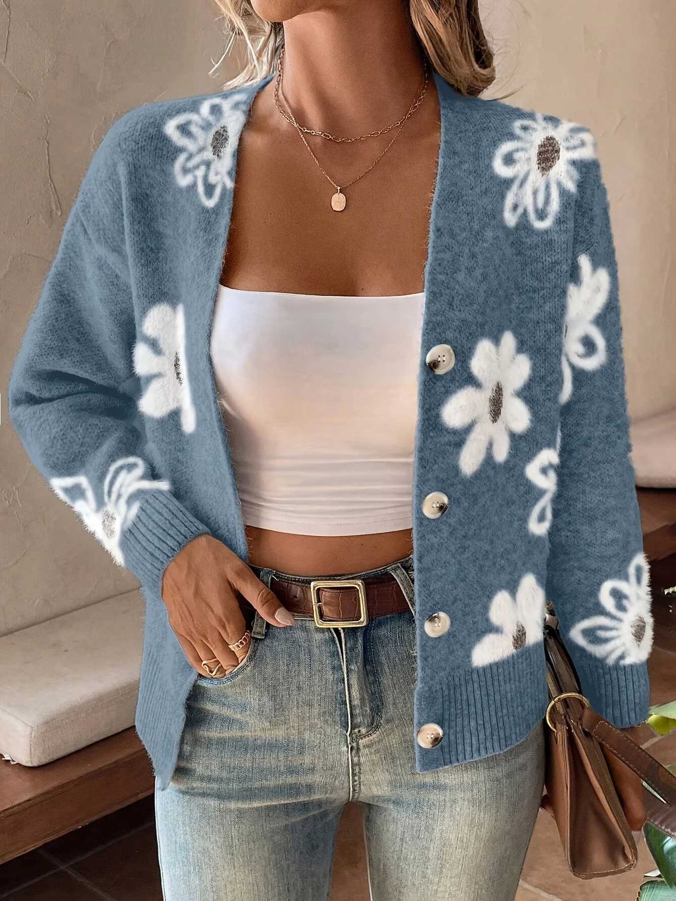 New flower pattern spring autumn loose knitted cardigan sweet casual V-neck button knitted sweater coat M260306