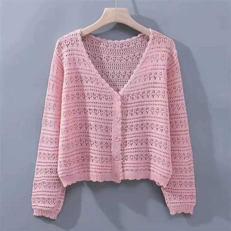 Spring Autumn Korean Style Loose V-neck Hollow Versatile Knitted Air-conditioning Shirt Thin Long-sleeved Ice Silk Cardigan Top M260306
