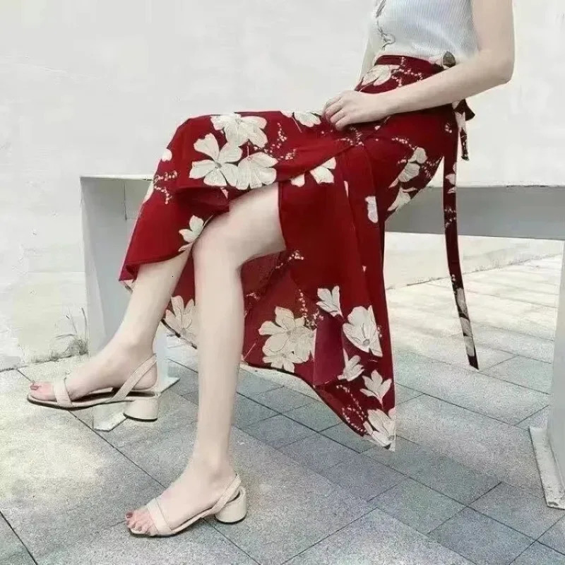 Summer Beach Floral Skirt for Women Cotton High Waist Wrap Maxi Skirt Long with Side Slit Tie Detail Boho Style 260306