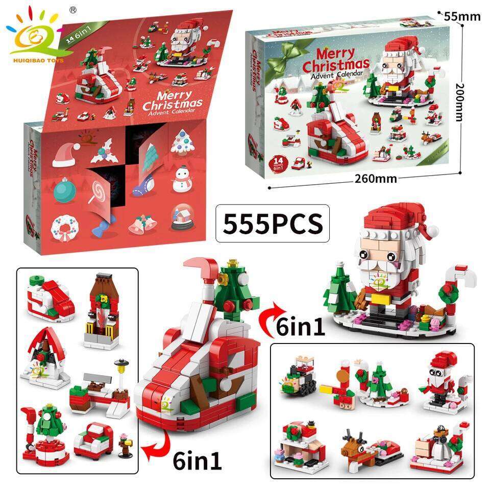 HUIQIBAO Christmas Countdown Calendar Elk Deer Santa Claus Building Blocks City Snow House Xmas Tree Bricks Set Toy for Children Z260306