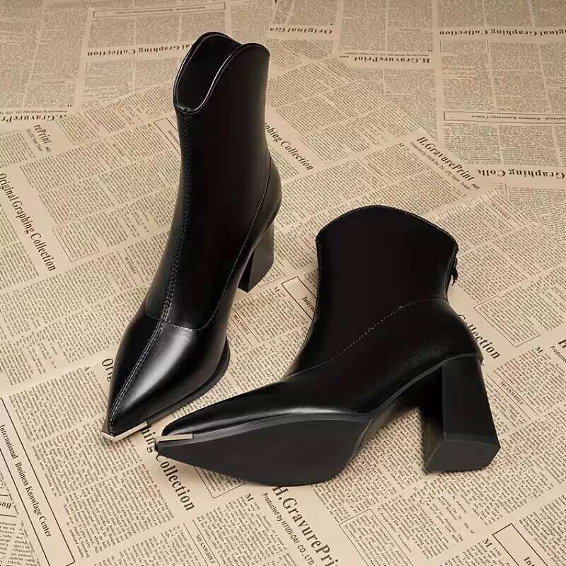2025 Winter Women's Black Pointed Toe Cowboy - Chunky Heel Zip Ankle Patent Leather Fashion Party Boots