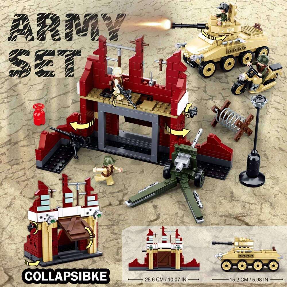 479PCS Military WW2 Tank Fortress Building Blocks Set Mortar Motorcycle Model Bricks Desktop Display Toys For Kids Holiday Gifts Z260305