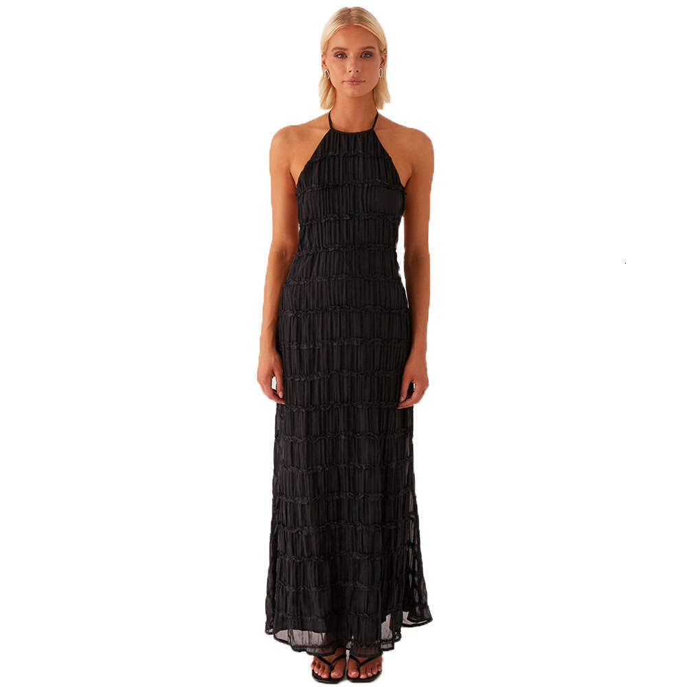 European and American foreign trade women's backless pleated fabric unique dress, new breathable lace-up ruffle long dress