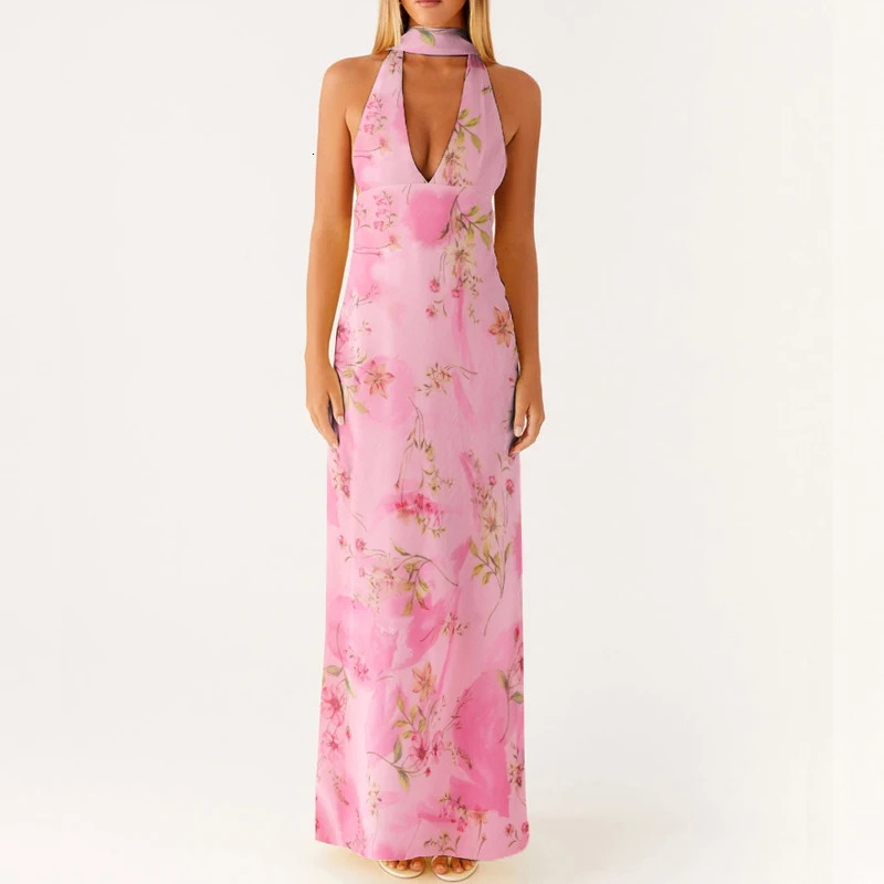 Maemukilabe Sexy Sleeveless Low Cut Print Maxi Dress Boho Halter Neck Slim Fit Flowy Long Dress Backless Floral Summer Beachwear 260306