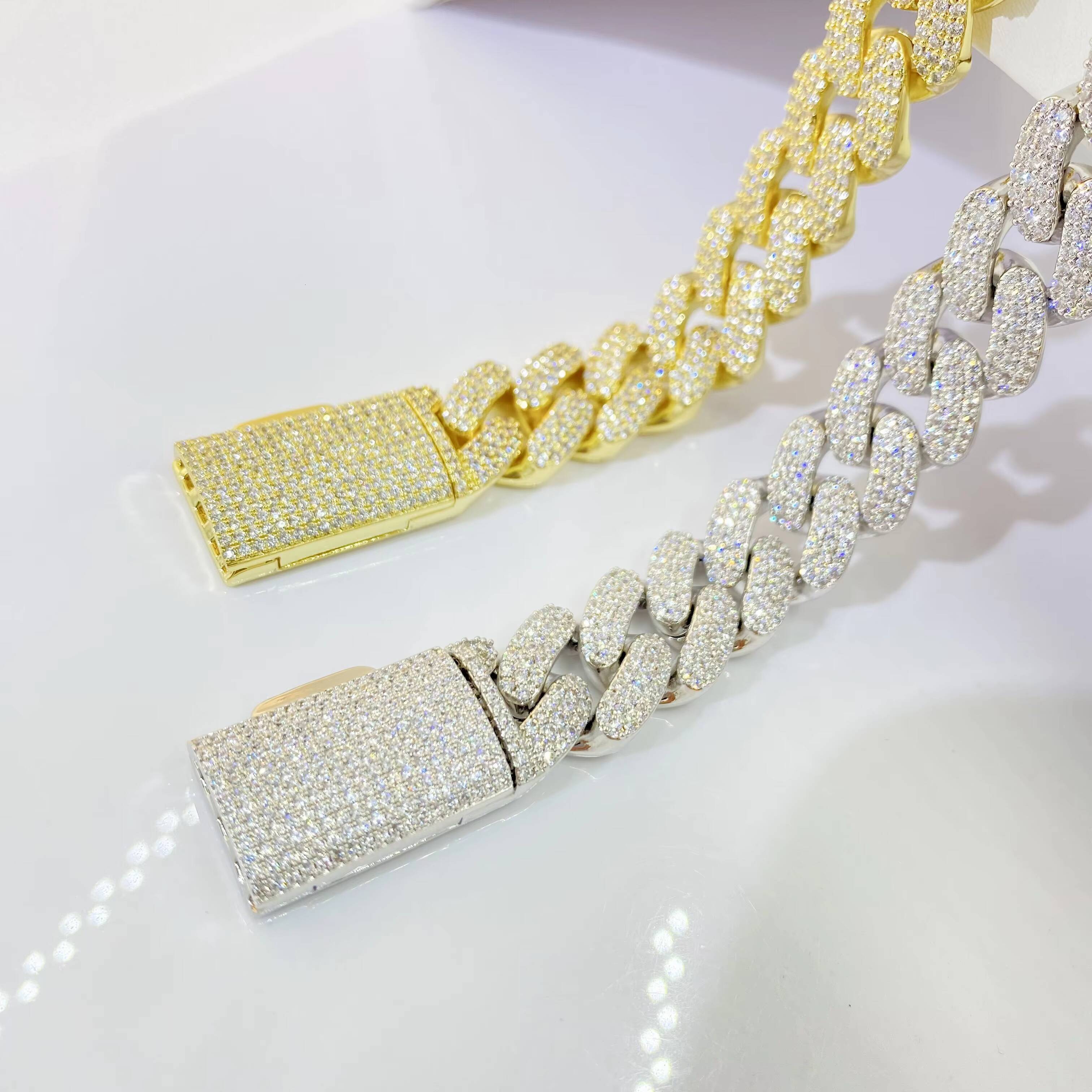 Hip Hop Fashion Silver Brass Link Cuban Chain Iced Out Zircon 1mm-15mm Moissanite Cuban Bracelet Jewelry