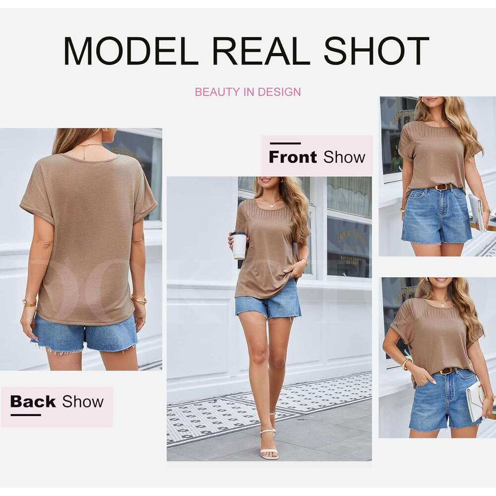 Womens Tops Trendy Crewneck Short Sleeve Summer T Shirts Casual Solid Loose Basic Designer Pleated Blouses