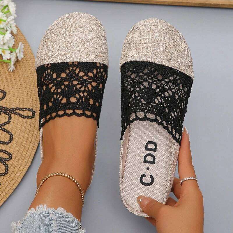 2026 Summer New Women's Anti slip and Wear resistant Baotou with Hollow Edge Design Fashionable Flat Heel Slippers