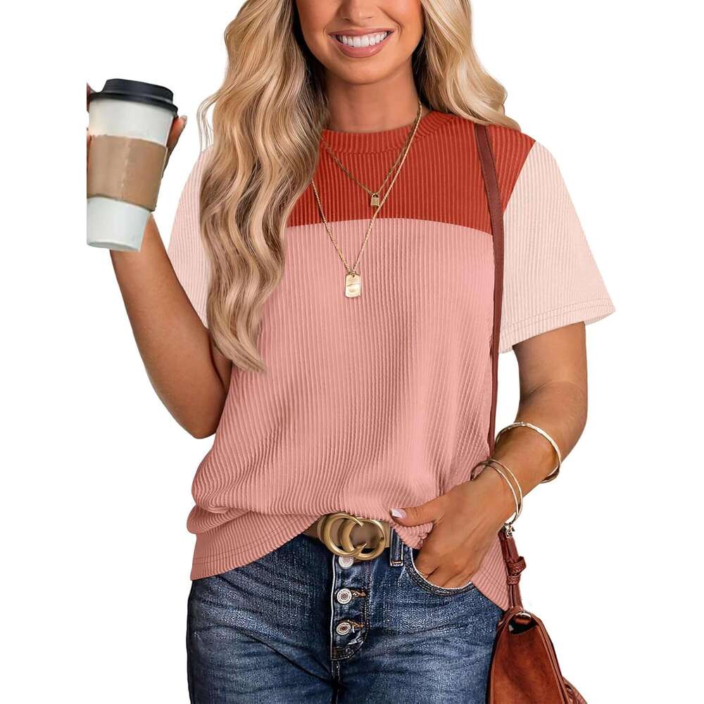 Womens Fashion 2026 Color Block Shirts Short Sleeve Crewneck Knitted Spring Designer Summer Tops Casual Trendy