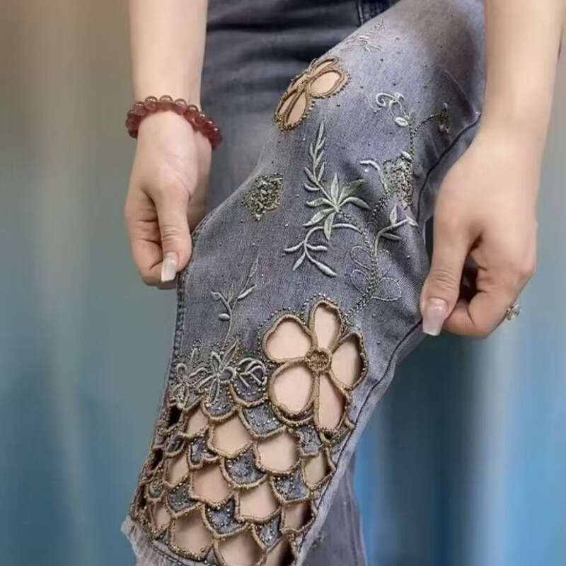 Mardi Hefxessdr women High end hollowed out embroidered denim new summer thin high waist stylish denim jeans women's clothing