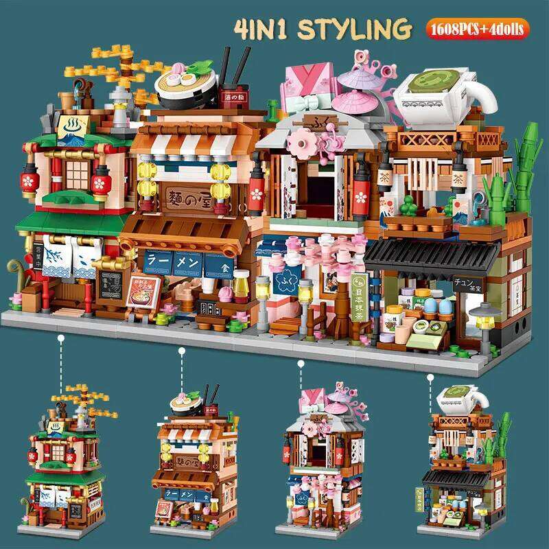 Mini City Street View Noodle Shop House Building Blocks 4 in 1 Japanese Architecture Friends Figures Bricks Toys For Children Z260305