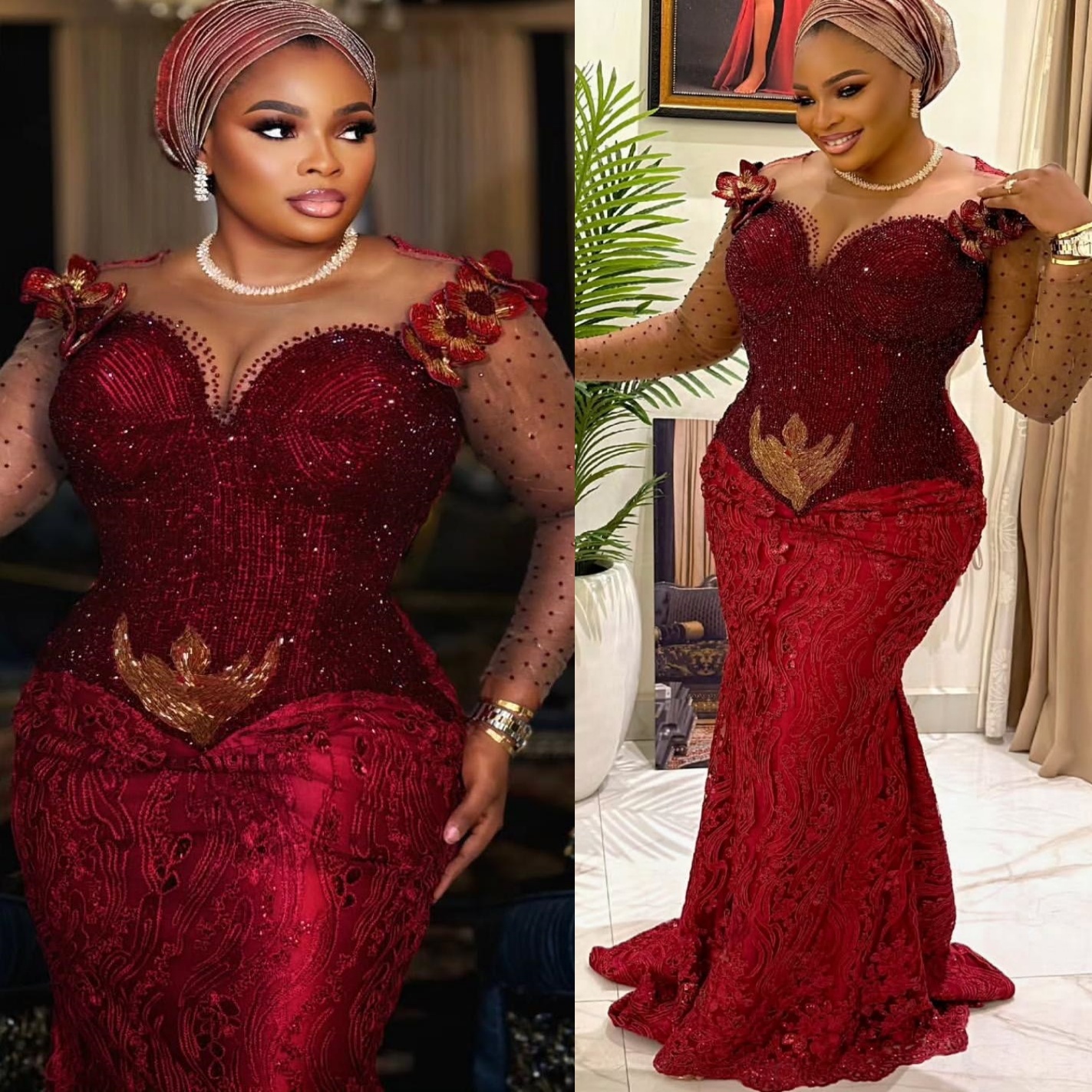 Aso Ebi Dark Red Prom Dress 2026 Mermaid Prom Dress Beaded Flowers Sheer Neck Evening Dresses For Black Women Birthday Party Formal Receiption Gowns D