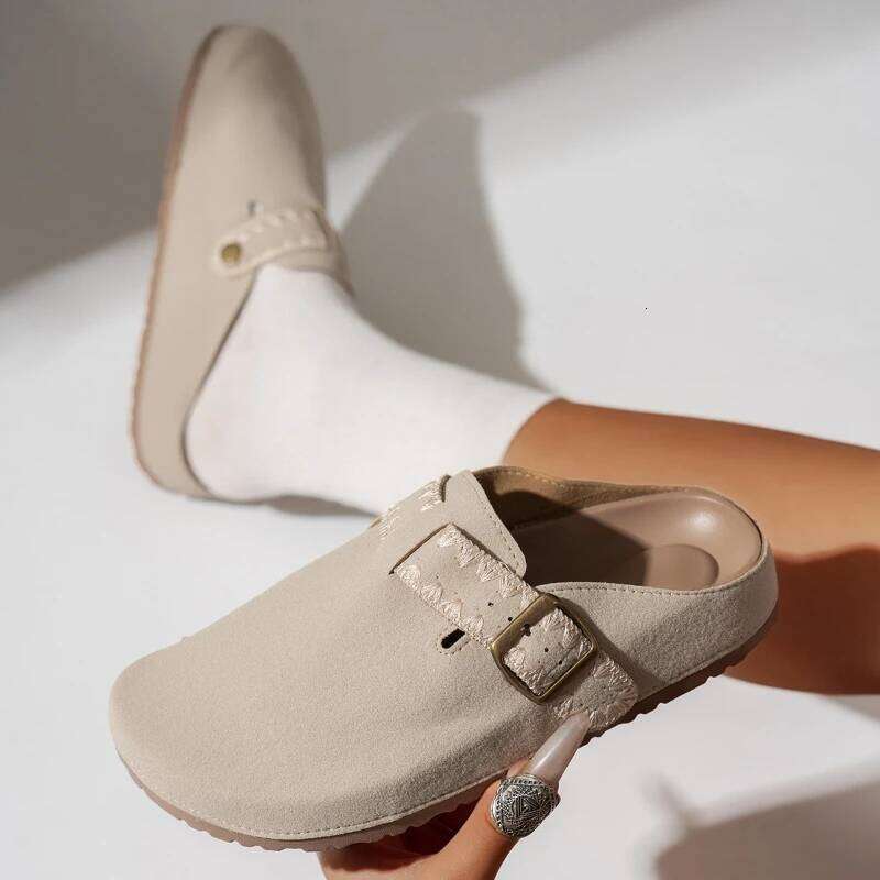 Women Suede Cork Footbed Clogs Soft Leather Adjustable Buckle Slip-on Fashion Casual Shoes Sandals Beach Slippers