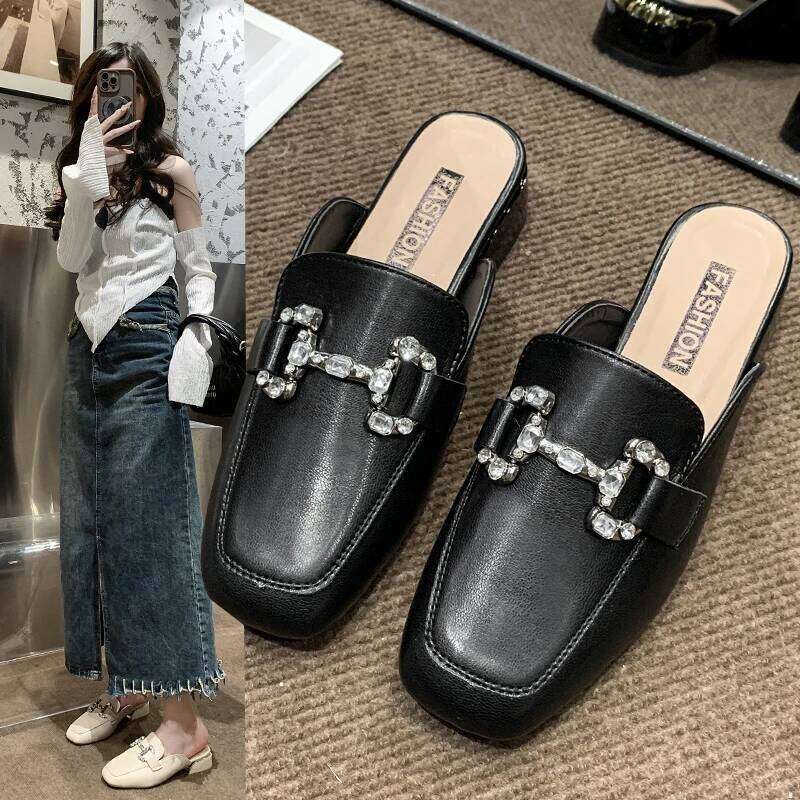 Women Pumps Shallow 2025 Footwear Fashion Metal Buckle Strap Ladies Thick Heels Shoes Leather casual sandals