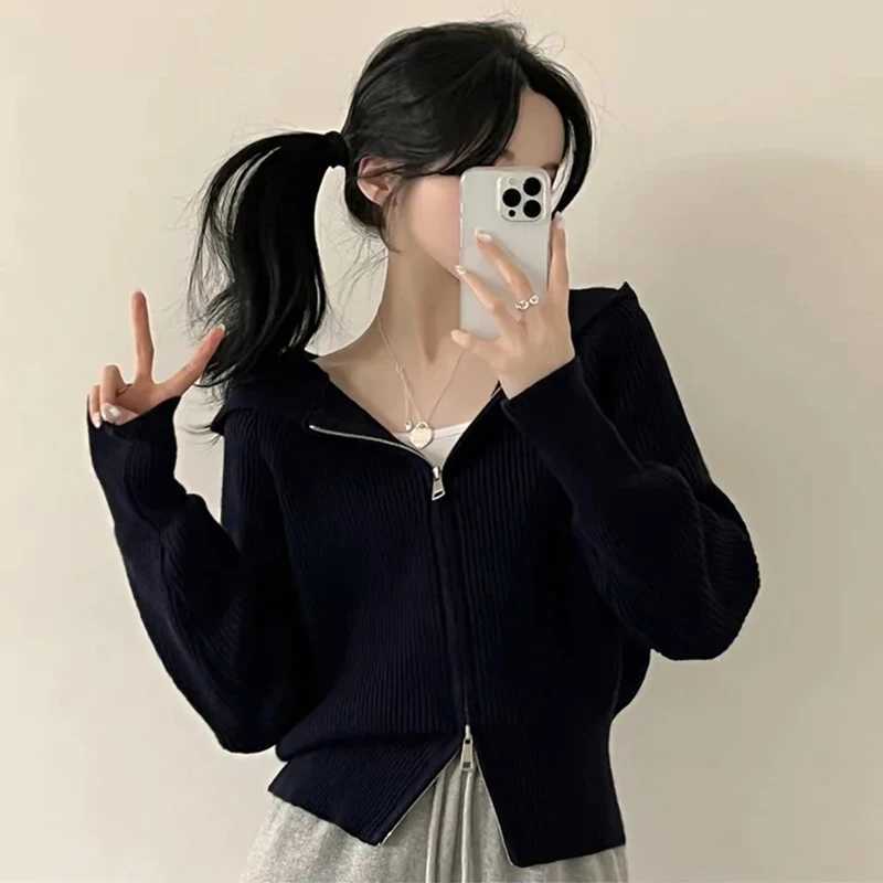 Hooded Knit Cardigan for Women Long Sleeve Fuzzy Zip Up Knit Crop Sweater Jacket Fall Winter Teen-girl Y2K Acubi Outfit M260306