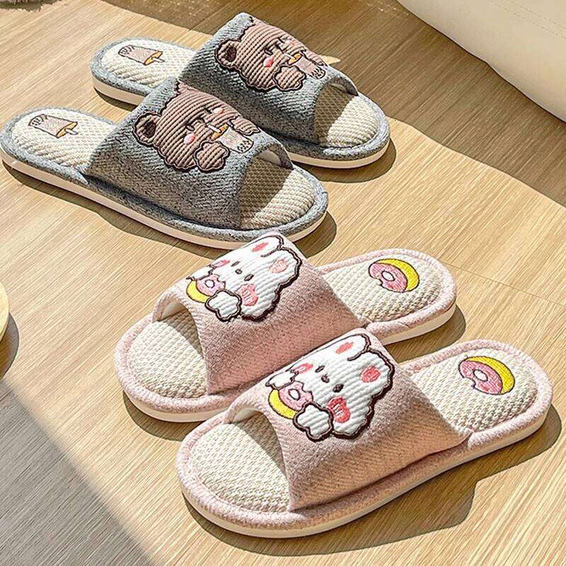 Litfun Women's Summer Cute Cartoon Slippers Indoor Soft Comfort House Shoes New Open Toe Linen Cotton Slipper Casual Flat Slides