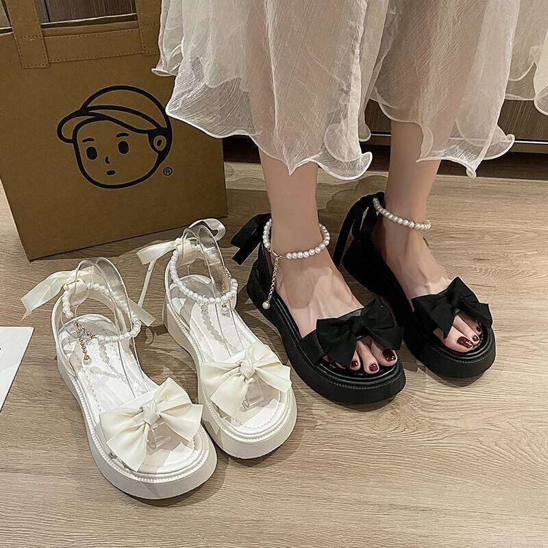 2026 Summer New Bow Design Women's Fashion Thick Bottom Pearl Button Open Toe Sandals