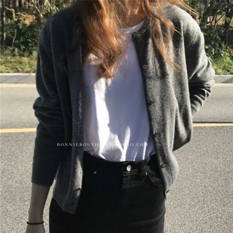 O Neck Solid Color Simple Short Loose Fit Knitted Cardigan Pring Autumn Sweet Casual Long Sleeve Sweater Jacket Women New 9053 M260306