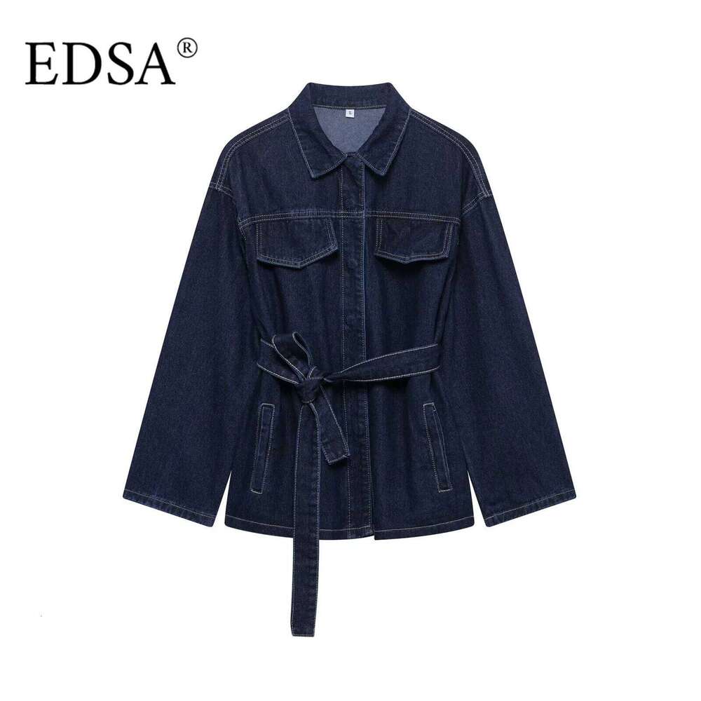 EDSA Women Vintage Denim Jacket Coat with Sashes Flap Pockets Long Sleeves Turn-down Collar for Female High Street Outerwear