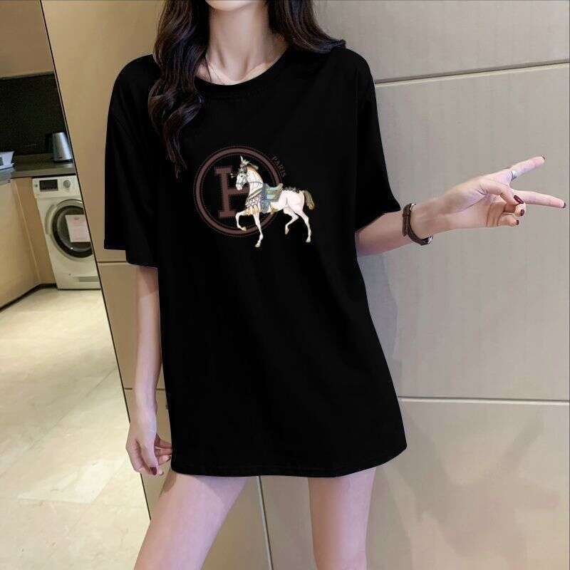 100% Cotton Short-Sleeve T-Shirt For Women, Loose Fit, New Summer Style, Paired With Shark Pants, Mid-Length Top That Covers The Hips, Stylish Asia Si