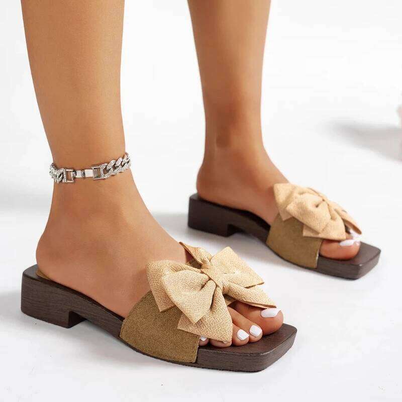 2026 New Summer Fashion Women Platform Sandals Wooden Soles Designer Bow-knot Shoes Casual Beach Slippers