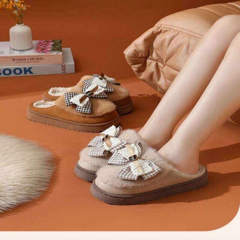 2025 Winter New Thick Bottom Indoor Outdoor Warm and Comfortable Slippers with Grid Tie Design Fashionable Cotton Shoes