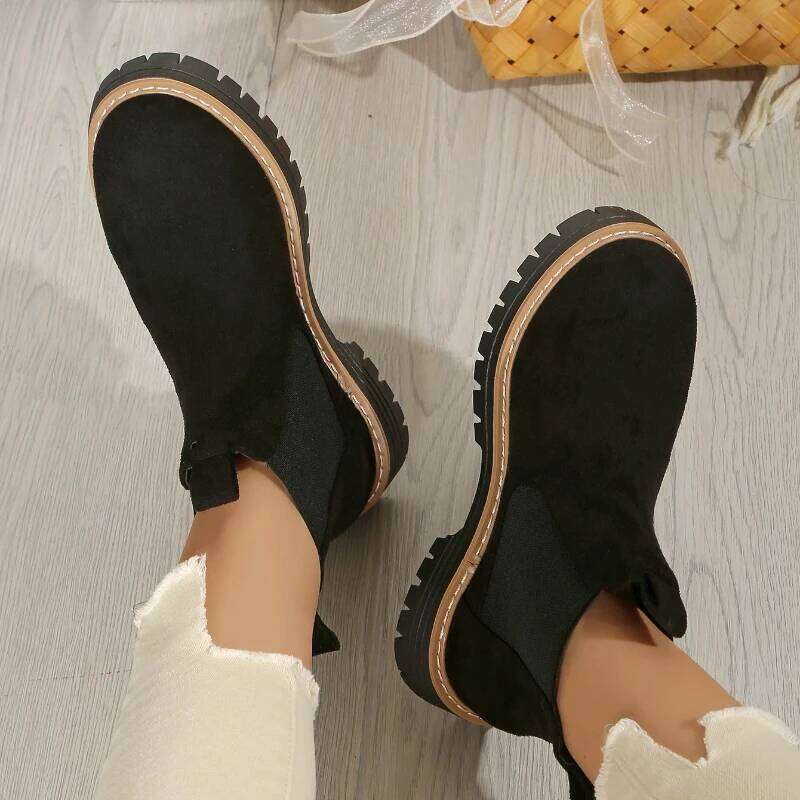 2025 Winter New Suede Round Head Women's Short Thick Bottom Casual Square Heel Fashion Boots