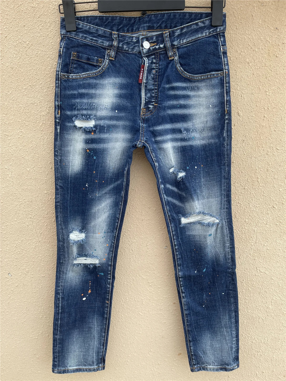 2025 fashion mens washed worn microelastic paint splash ink slimfit feet blue jeans men 260228
