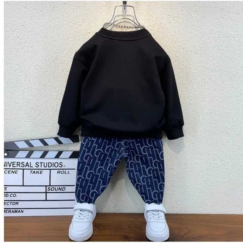 Kids Tracksuits 2Pcs, Boys Denim Patchwork Note Pocket Sweater & Pants Set, Spring Autumn Casual OutfitsT260306