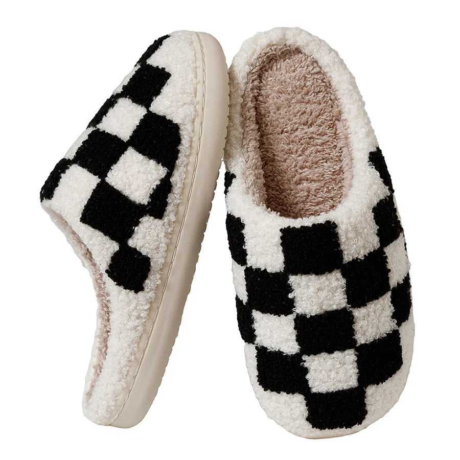 Slippers Classic Checkerboard Embroidered Pattern Womens Winter Indoor Soft Sole Warm Comfy Leisure Bedroom Fuzzy Home Shoes S260305