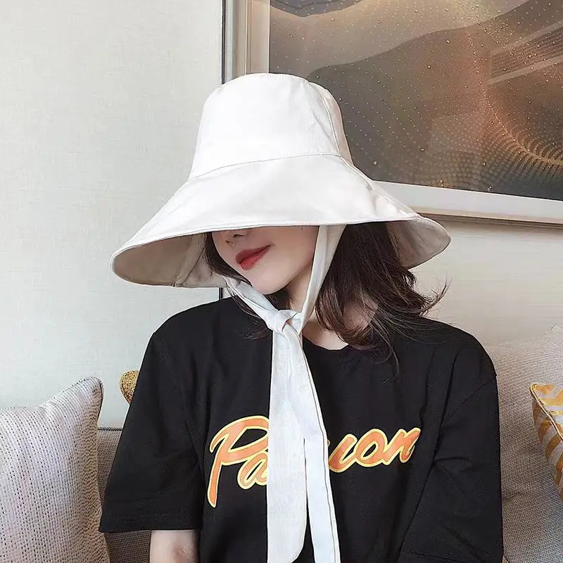 Summer Spring Japanese Tie Bucket Hat Womens Korean-style Big Eave Fisherman Foldable UV Cotton Linen Beach Strap Sun Hat 260228